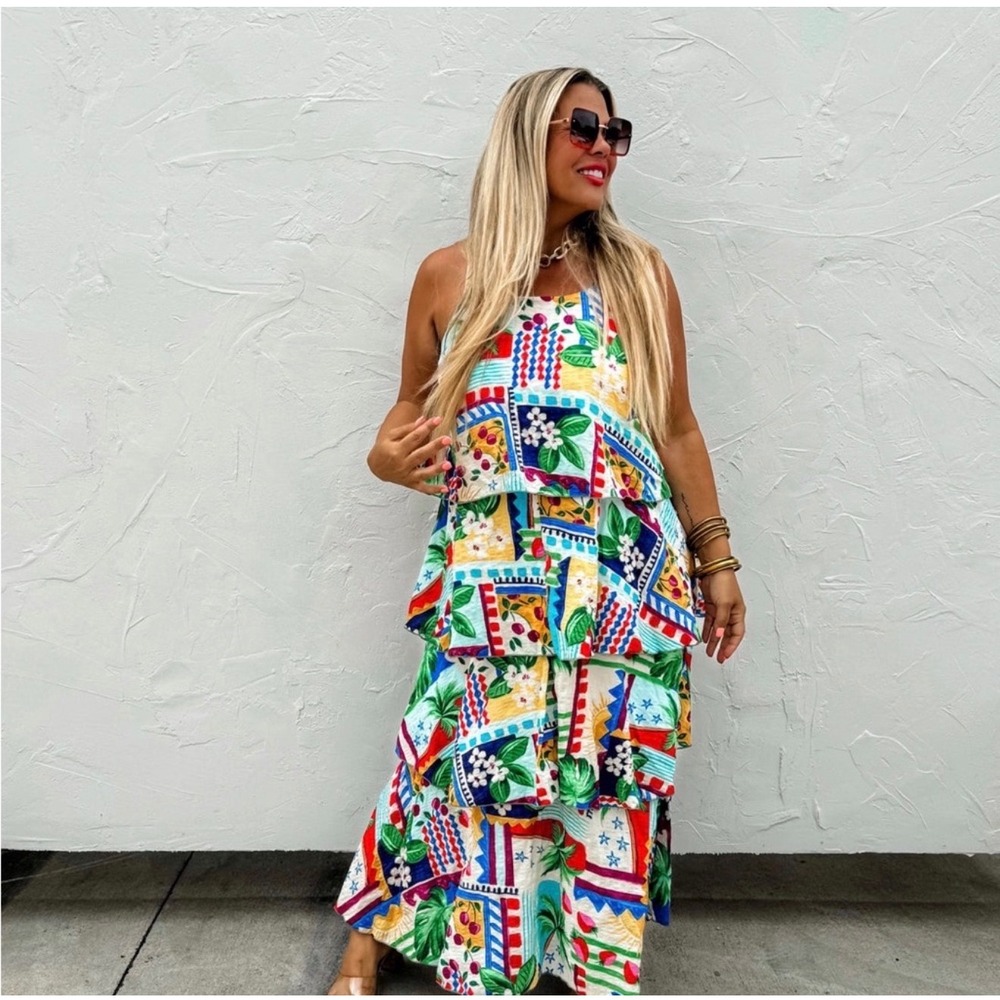 NWOT Blakeley Summer in Barcelona Tiered Maxi Dress 2X Tropical Patchwork Multi